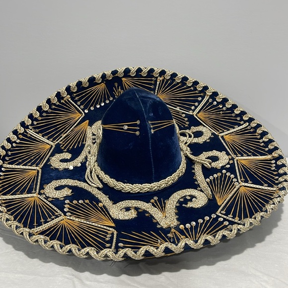 Vintage Mexican Sombrero XXXXX Blue Velvet Sequin Charro Mariachi Small Size? - Picture 6 of 16
